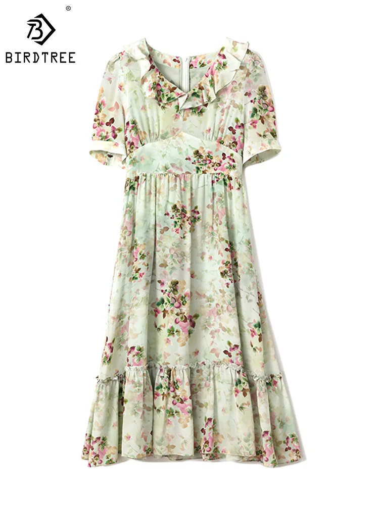 

Birdtree 100%Real Mulberry Silk Dress Women's Mid Length V-Neck Fashion Slim Ruffle Skirt Dress for Women New Summer D36528QM