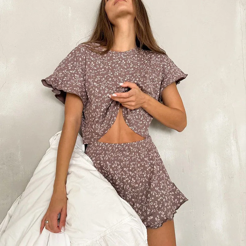 Fashion Sexy Printed Short Sleeved Shorts Women's Pajamas Two-piece Set Casual Loose Elastic Waist Ruffle Female Home Sleepwear