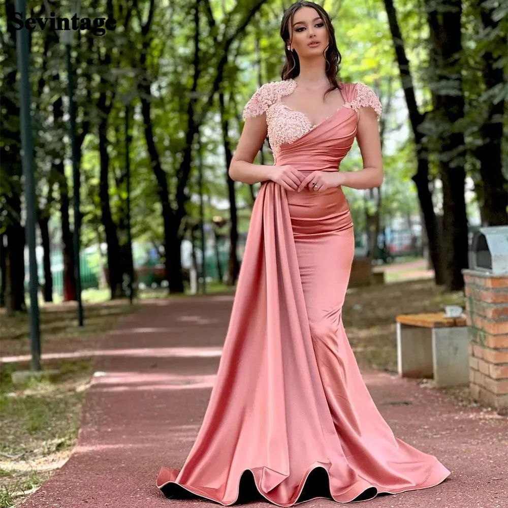 

Sevintage Blush Pink Mermaid Women Evening Dresses Cap Sleeves Appliques Lace Bodycon Prom Gowns Formal Wedding Party Dress 2023