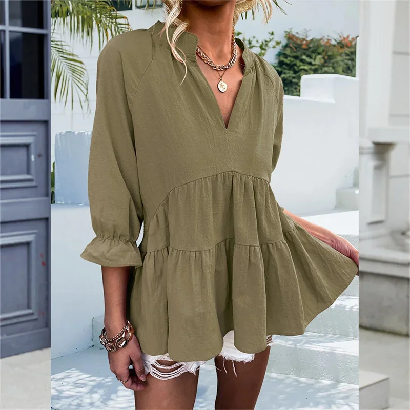 Women New Layers Patchwork Pleated Hrm Shirt Lantern Seven-quarter Sleeve Deep V Neck Pullover Blouse Female Commuter Loose Tops