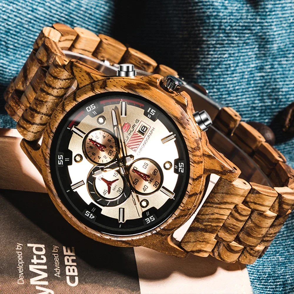 KUNHUANG Authentic Men's Luxury Handmade Wooden Chronograph Watch