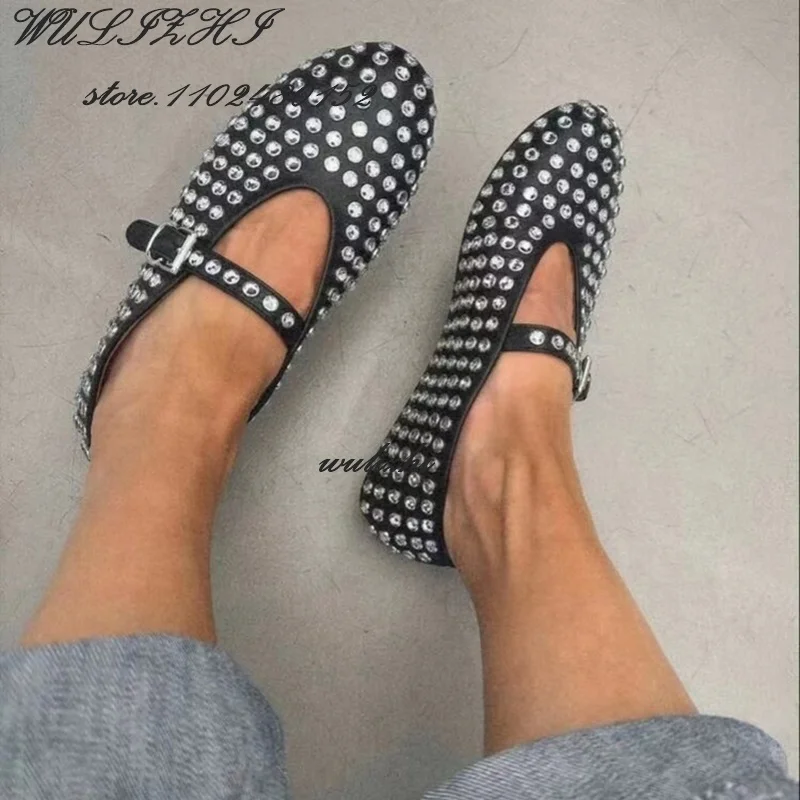 

Silver Spotted Jeweled Mules Women Black Flats Buckle Round White Crystal Glitter Bordered Sandals Red Slingback Spring Sandals