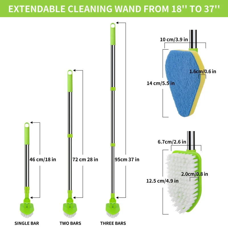 3 in 1 Scrub Cleaning Brush with Long Handle 37'', Floor Scrubber Brush Set  with 1 Stiff Bristles and 3 Sponge Brush for Cleaning Bathtub Shower