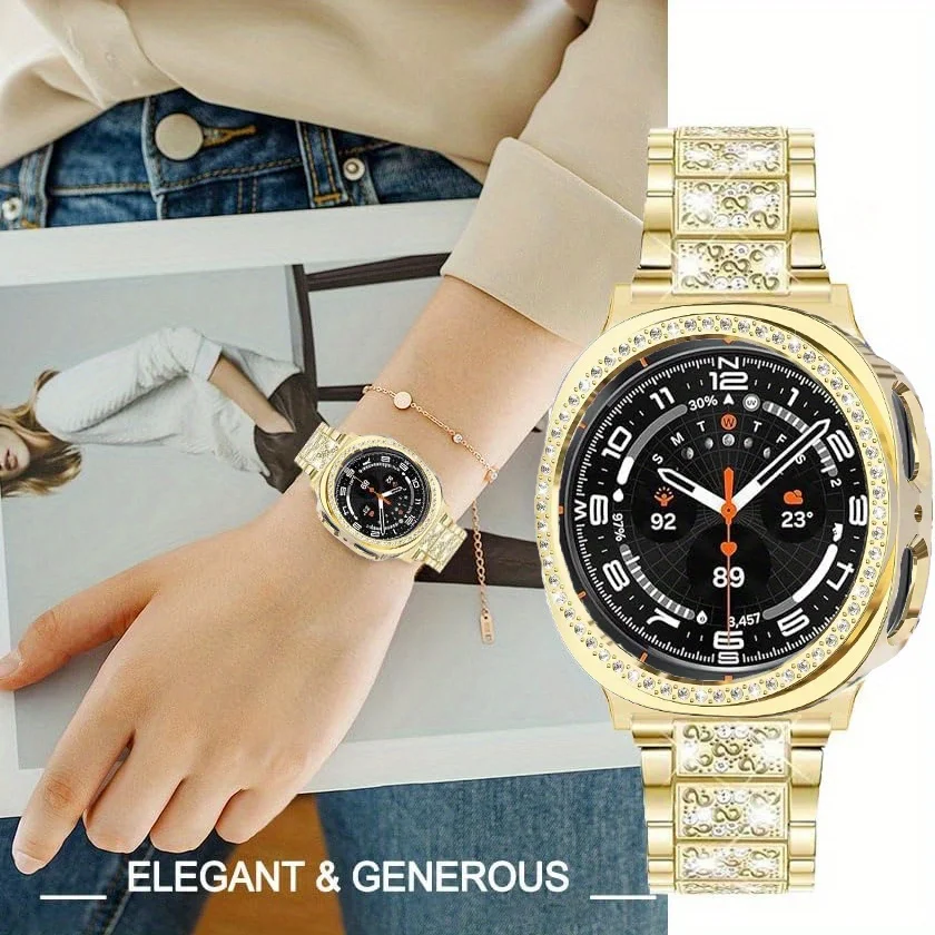 Luxurious Rhinestone Bling Metal Watch Band with Protective Case