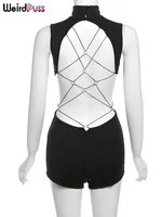 Weird Puss Backless Cross Bandage Romper Women Summer Hipster Sleeveless Simple Solid Playsuit Activity Stretch Street Overalls - Image 5