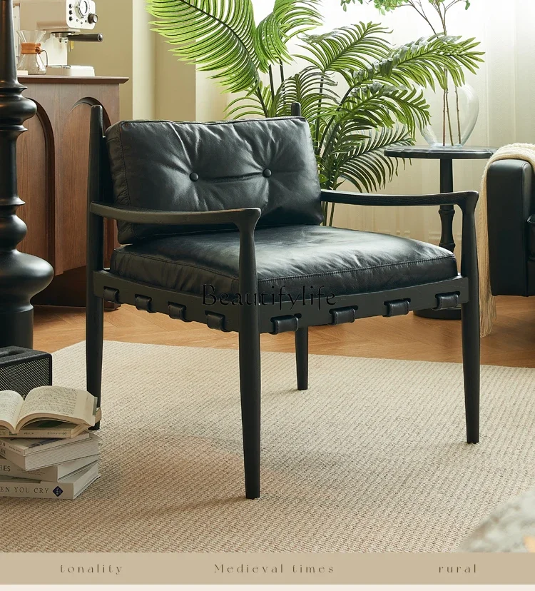 

Nordic Retro Black Single-Seat Sofa Chair Solid Wood Leather Leisure Chair Simple Modern Recliner