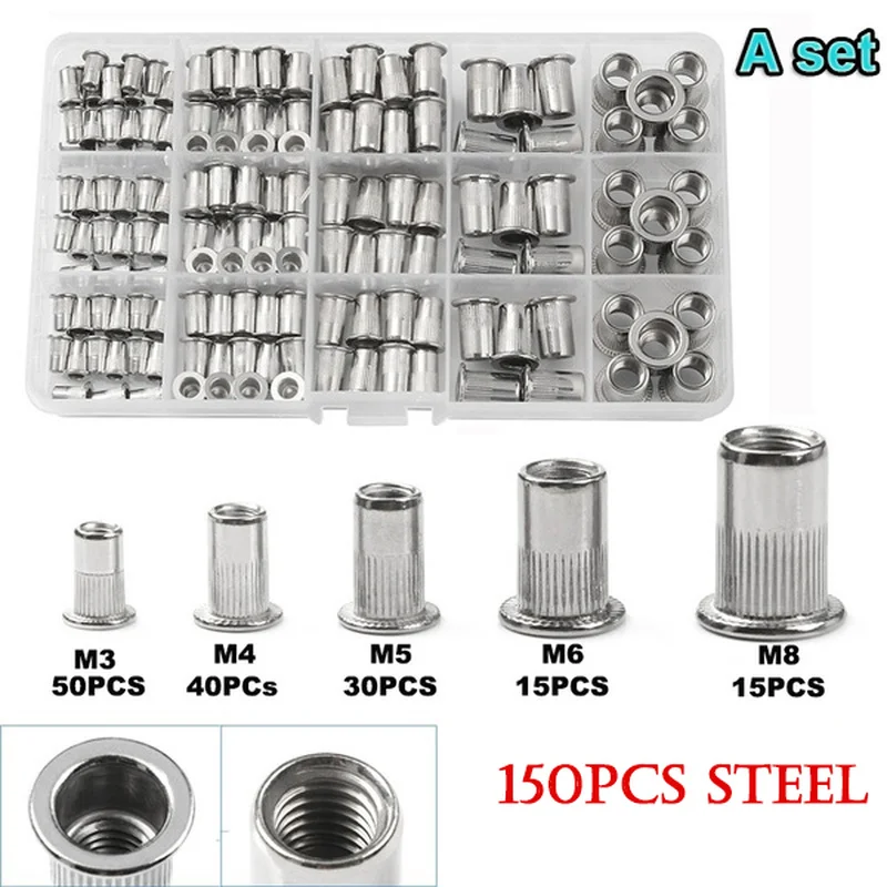 50/150pcs M3/M4/M6/M8 Steel/Aluminum Thread Blind Rivet Nut Flat Head Threaded Rivet Insert Nutsert Knurled Nuts Nut Gun Kit