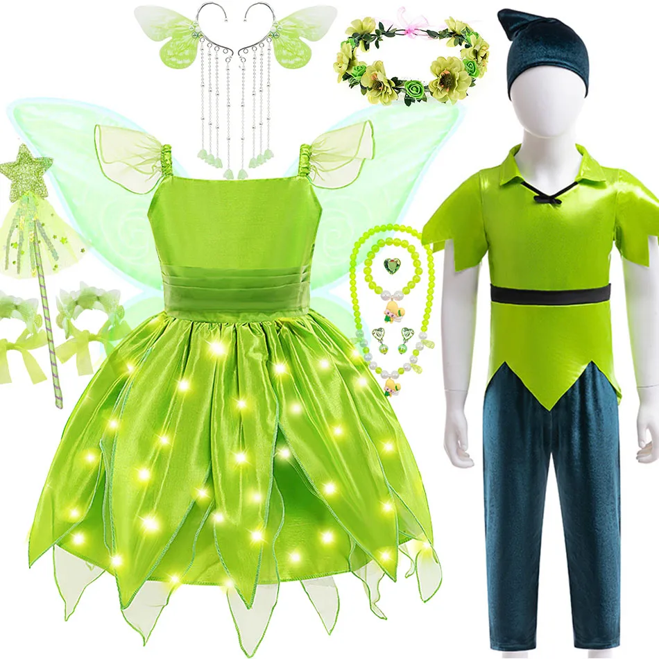 Damen Feen Kostüm Tinkerbell - Grün Mit Flügeln Wald Fee Cosplay