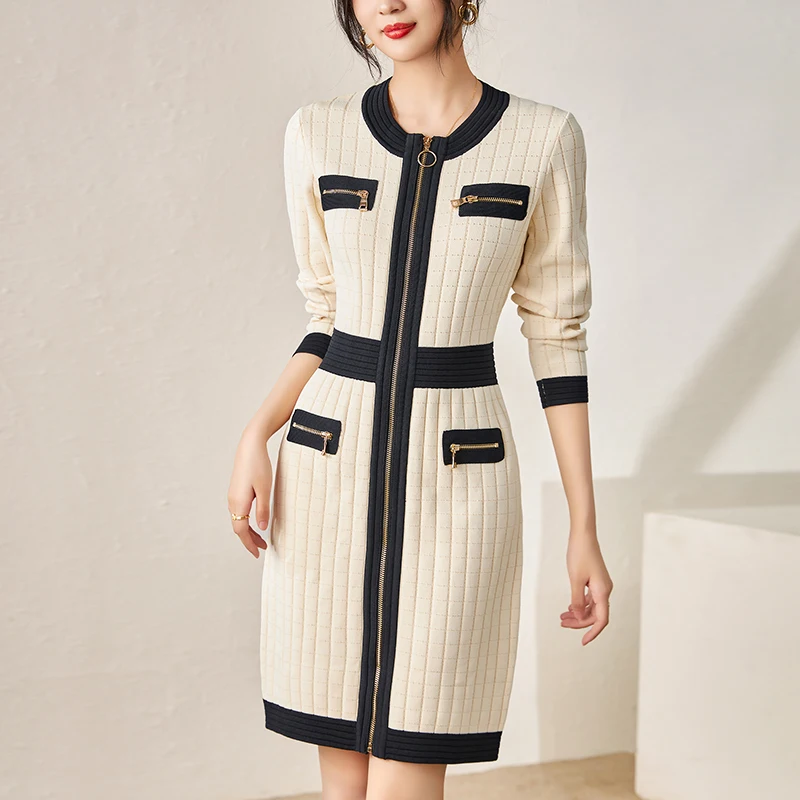 

Elegant Dresses For Women 2023 Autumn Winter Long Sleeve Patchwork Knitted Dress Bodycon Women's Clothing Fashion Dress Slim