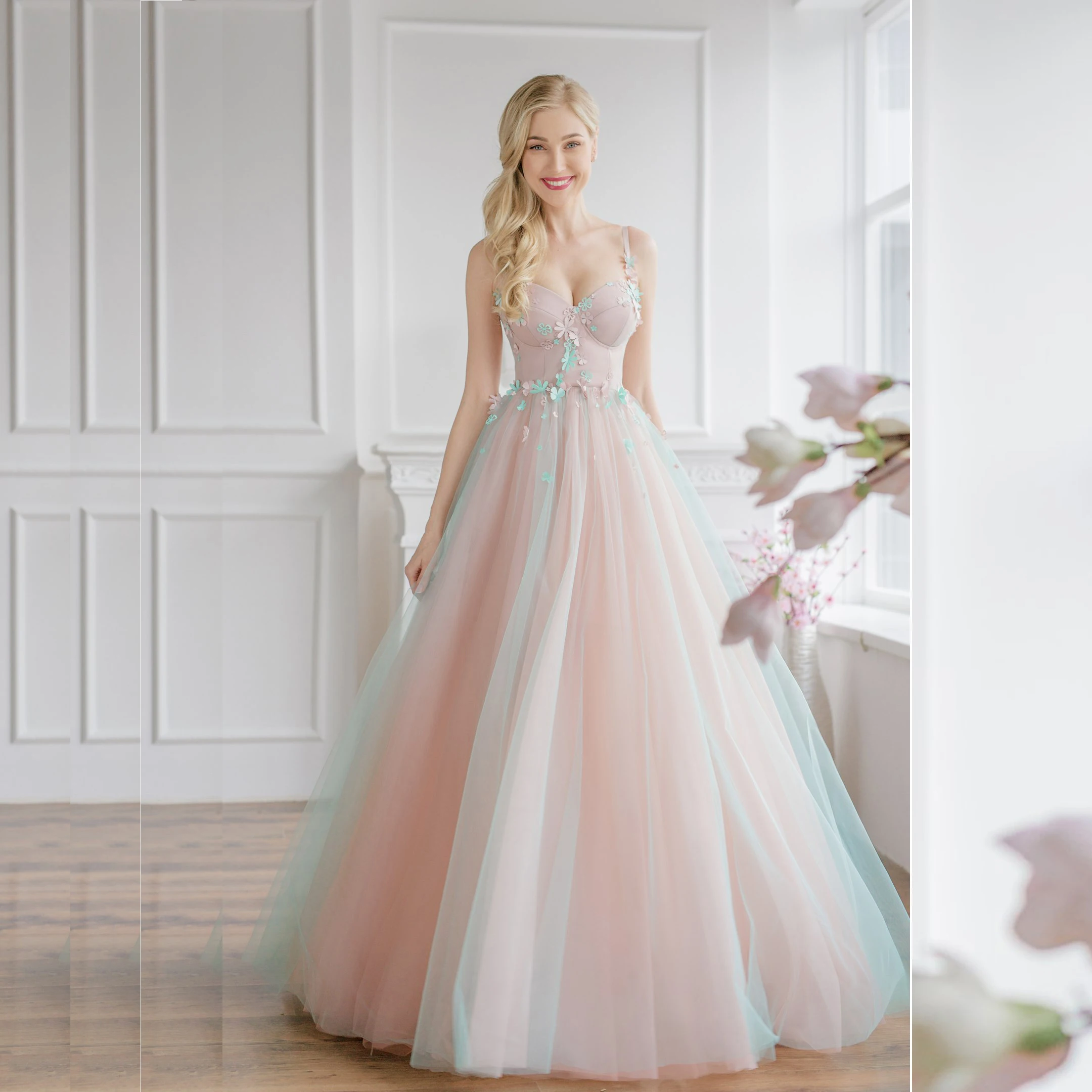 

Elegant Pink Evening Dress Floor Length A-Line Appliques Spaghetti Strapless Formal Party Gown Women Bride Vestido De Noche