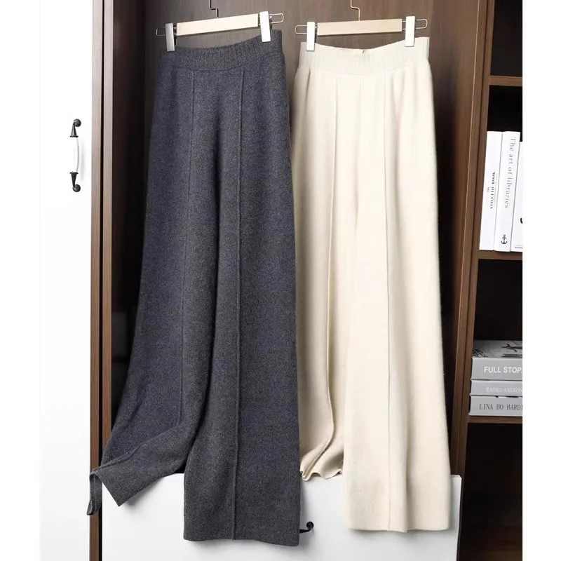 

Limiguyue Solid Wool Cashmere Knitted Pant Women Loose Midline Wide Leg Trousers Soft Elastic Waist Panta Ankle-Length E216