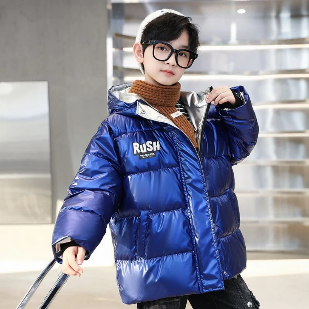 

Fashion Mid-Length Boys Solid Hooded Zipper Korean Casual Thicken Glossy Down Cotton Padded Warm Winter Children No-wash Coats