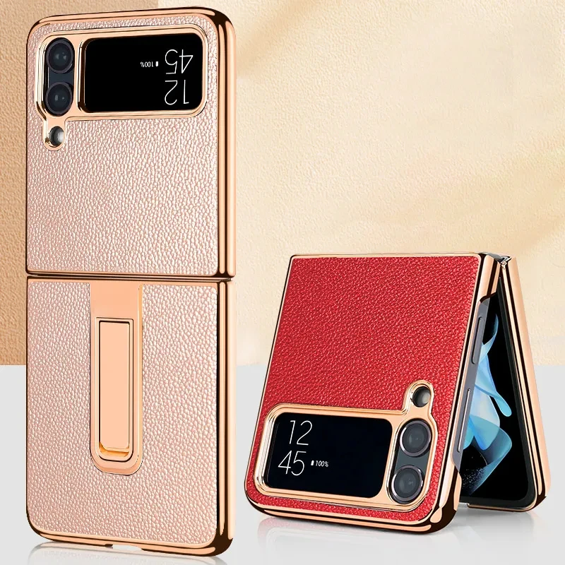 Vietao z flip5 Golden Plated genuine Leather mobile Phone Case for Samsung Galaxy Z Flip 3 5G 4 5 Case Cover with Hidden bracket