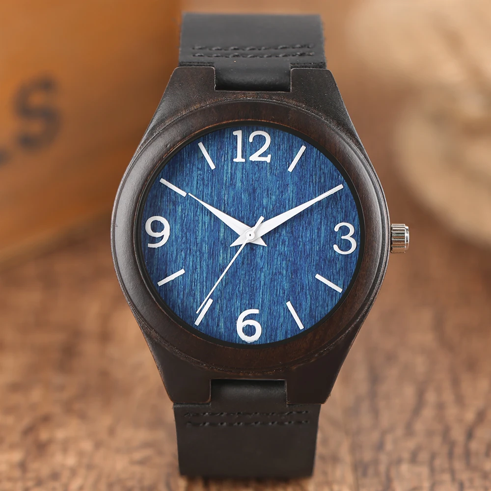 

Fashion Business Watches for Men Ebony Wood Men's Watch White Number Blue Dial Black Leather Wristwatch Casual Clock Gift Male