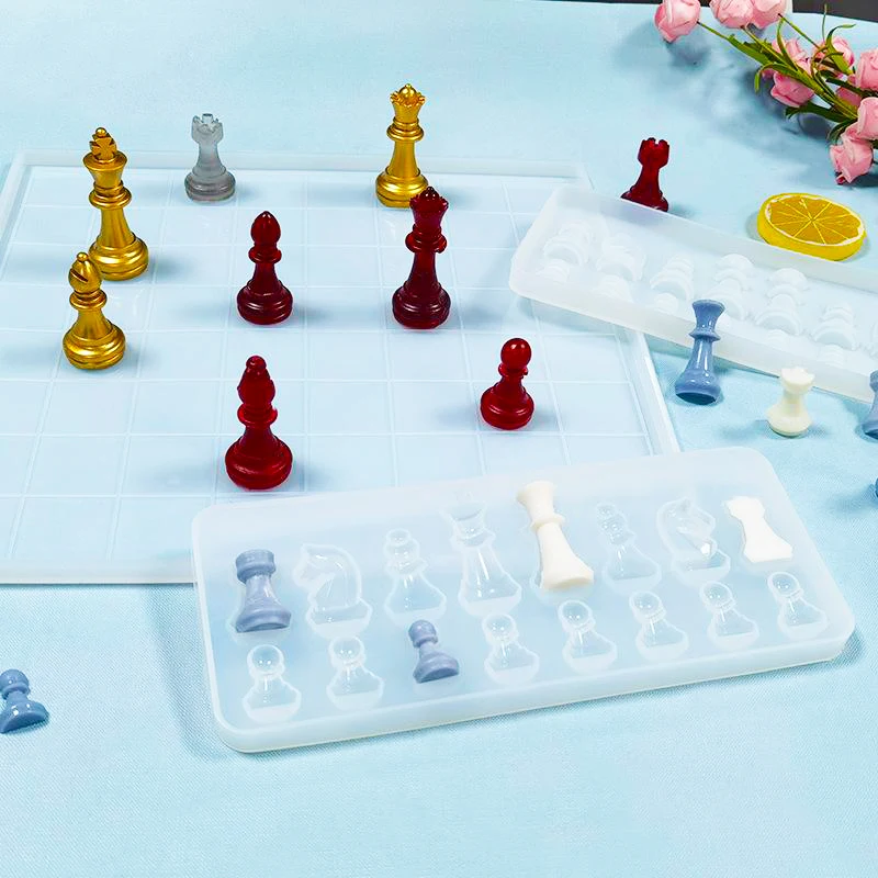 International Chess Crystal Epoxy Resin Mold 3D Chess Pieces Checkerboard Casting Silicone Mould for DIY Handmade Crafts Tools