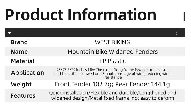 Description Picture 2 of itemWEST BIKING Road Bike Fenders Bicycle Front Rear 26/27.5/29 Inch Bike Wheel Mudguard Shock Widened Splash Protector Bicycle Part