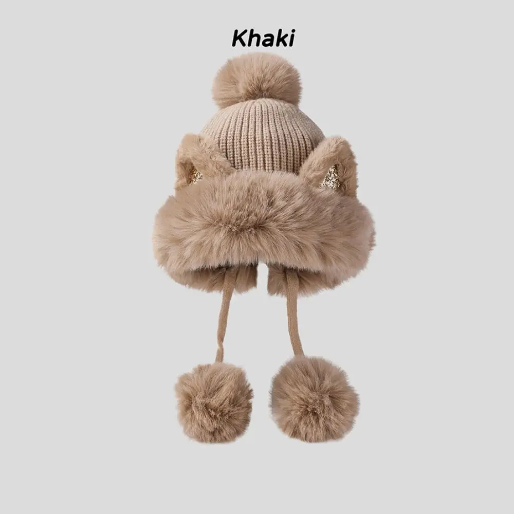 Chapeau D'hiver Tricoté Avec Oreilles De Chat Pour Enfants De 4 à 10 Ans, Bonnet De Dessin Animé Avec Ficelle Pour Enfants, Bonnet En Peluche Chaud De Couleur Unie, Anti-froid, Accessoire De