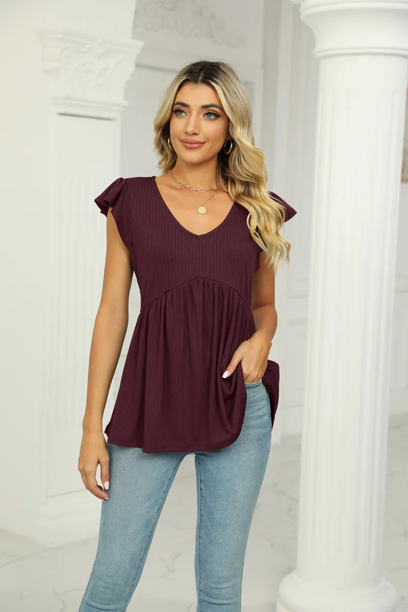 Summer Cute Babydoll Bloues Flare Tunic Loose Peplum Pleated V Neck Short Sleeve Plain Woman Tshirts Knit Rib T Shirt Tees Top