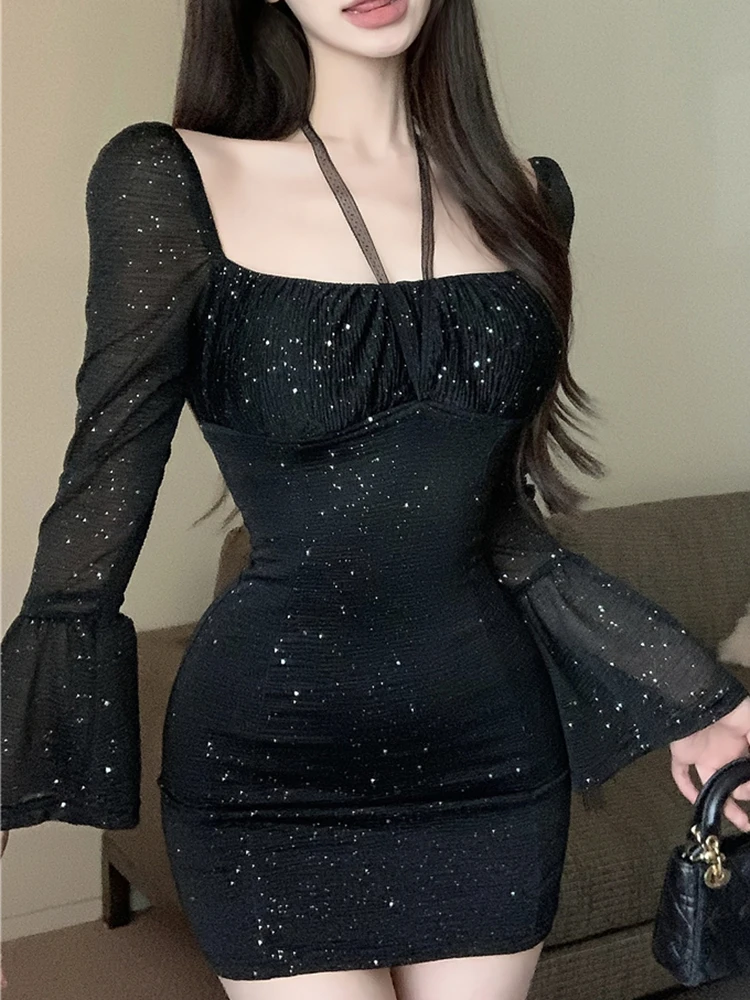 

Женское Короткое платье со стразами, черное облегающее платье с длинным рукавом, модель Y2k в Корейском стиле на зиму, 2023