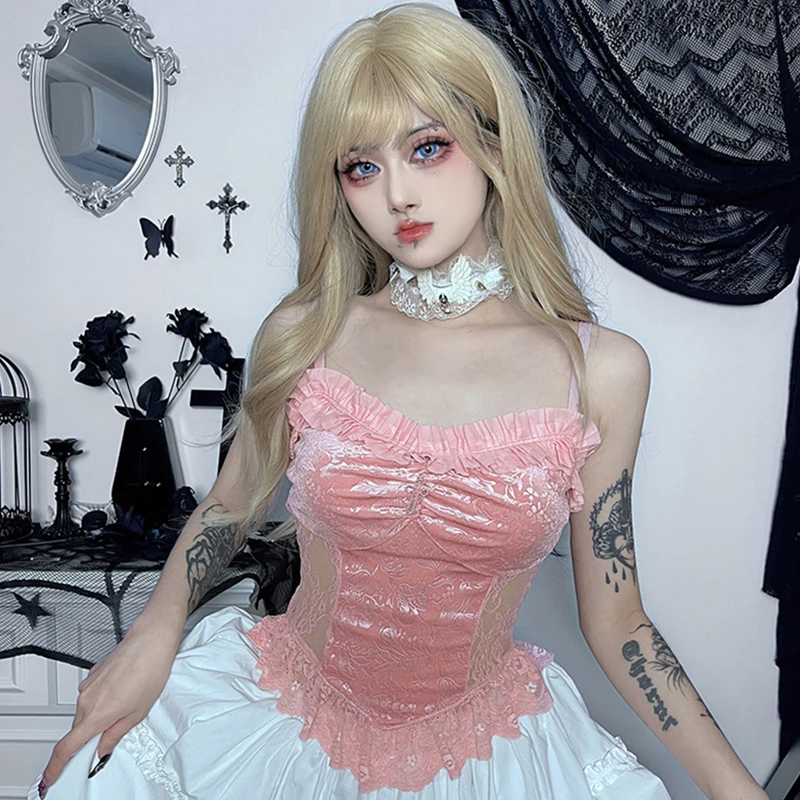 Goth Dark camisole Lolita gothique Pastel rose, en velours doux