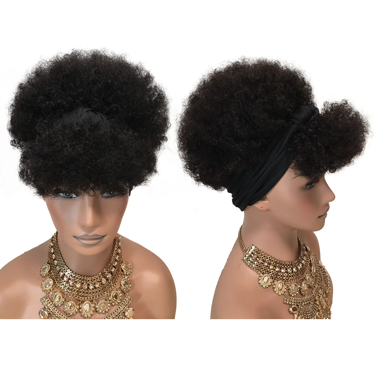 Afro Human Hair Turban Wrap Wig with Bangs Brazilian Style Head