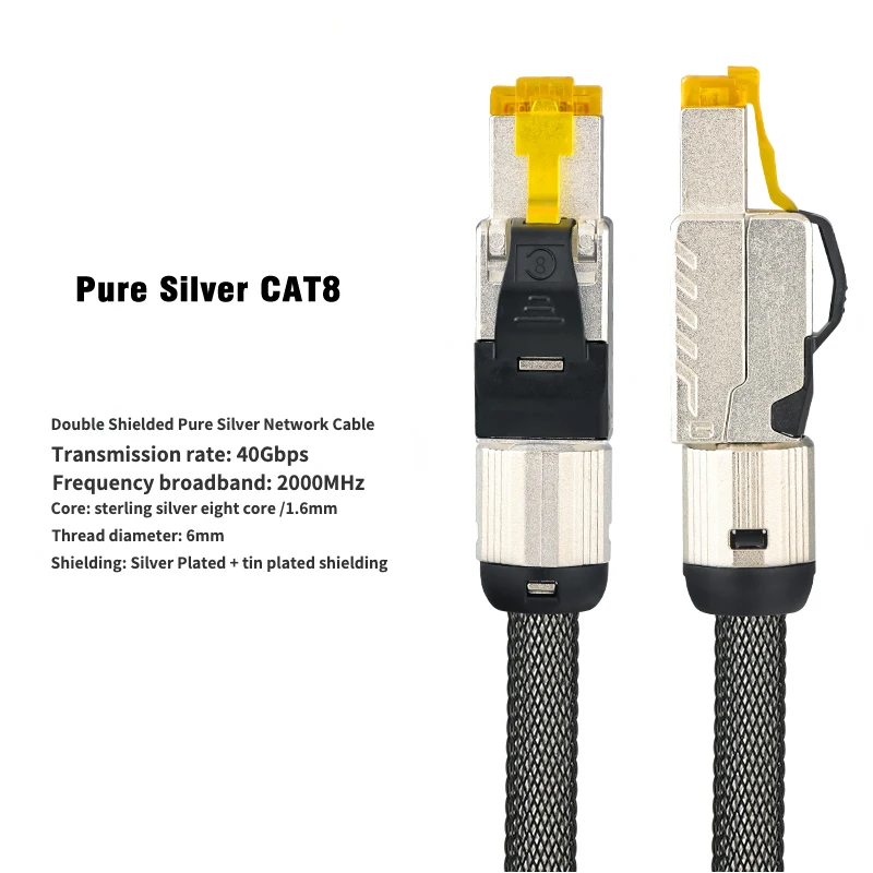 

Pure Silver Cable Cat 8 Core Full Shielding High Purity Ethernet 40Gbps 2000MHz Speed Lan RJ45 Network Patch Cord 14AWG Cable