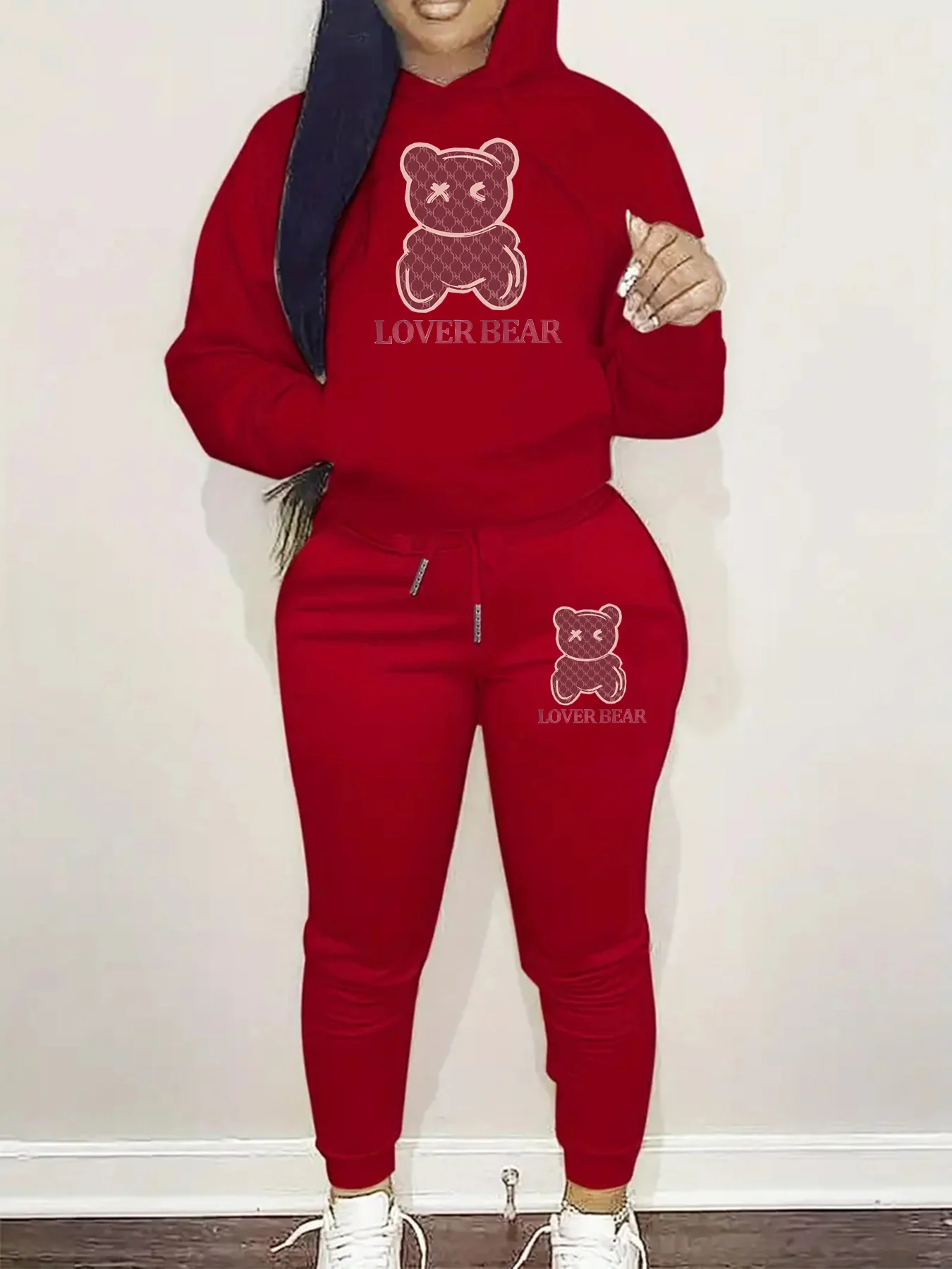 Women's Autumn/Winter Fashion Casual Cartoon Bear Pattern Printed Thick Warm Hoodie+Sports Pants Set 2