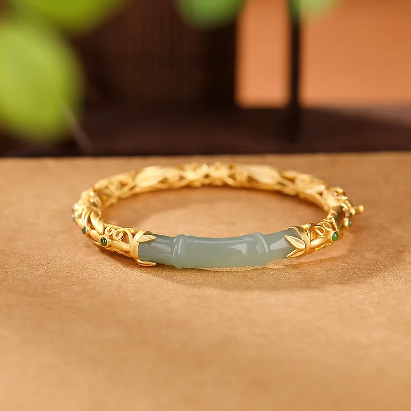 New Fashion Gold-plated Hetian Jade Compound Bracelet Beaded Beads Bamboo Bangle Bracelet for Women Girls Jewelry Gifts 4