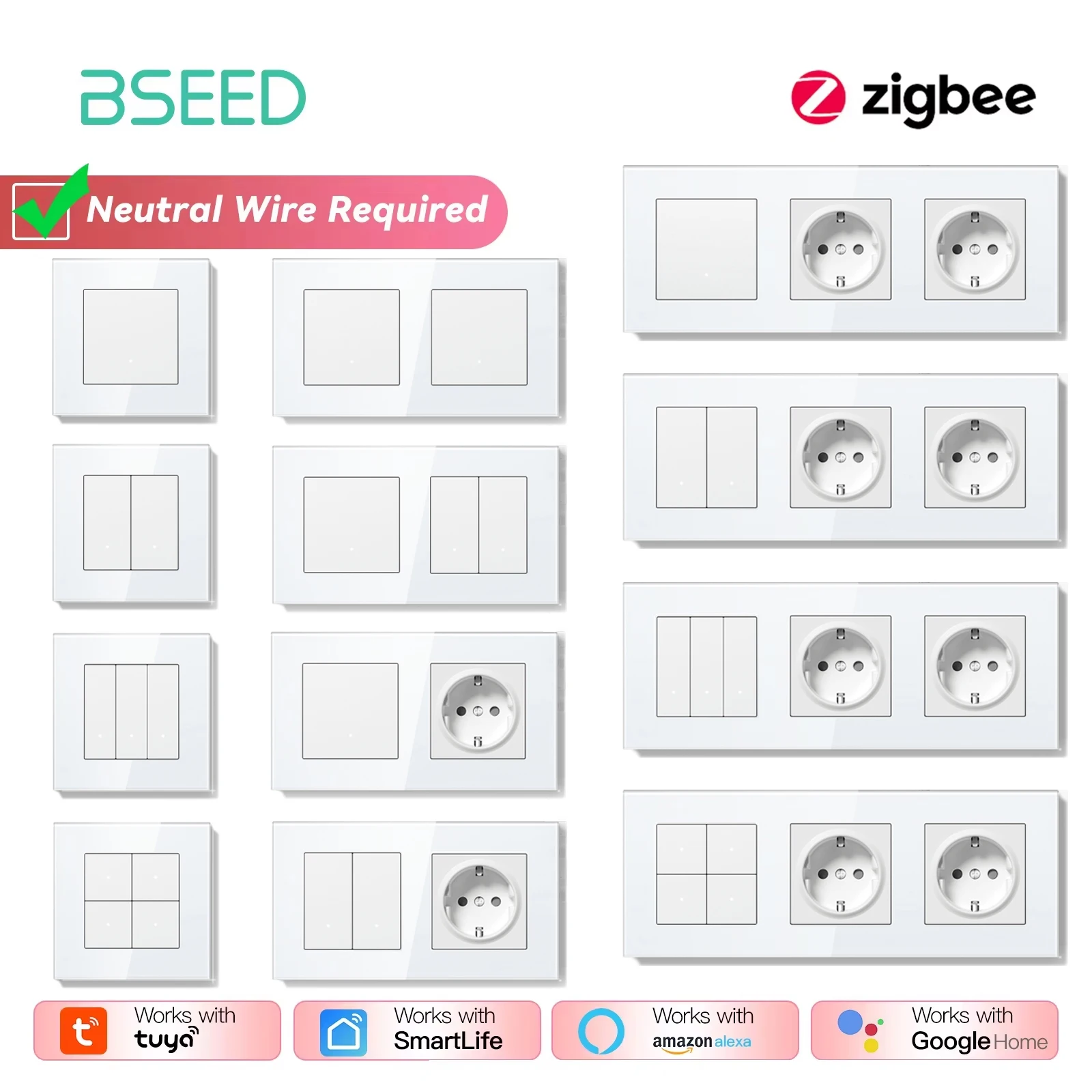 BSEED Zigbee คลิกสวิตช์ผนัง Series สมาร์ทสวิตช์ไฟสีเหลือง Backlight กรอบกระจก Tuya สวิทช์ EU Wall SOCKET พอร์ต USBC 1