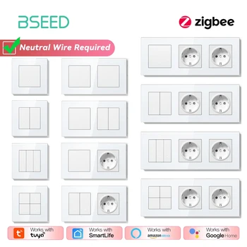 BSEED Zigbee คลิกสวิตช์ผนัง Series สมาร์ทสวิตช์ไฟสีเหลือง Backlight กรอบกระจก Tuya สวิทช์ EU Wall SOCKET พอร์ต USBC 1