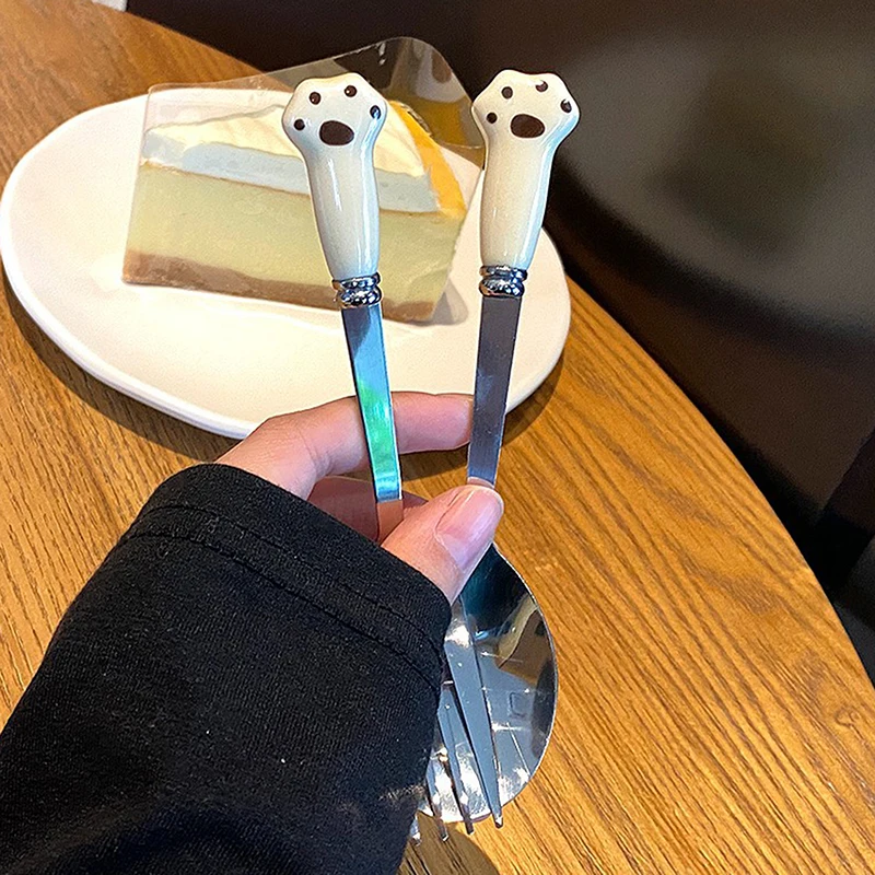 Cute Cartoon Cat Paw Fruit Fork Food Grade Stainless Steel Edges Mirror Polished Portable Tableware Fork For Adults Kids School For fruit fork portable cutlery