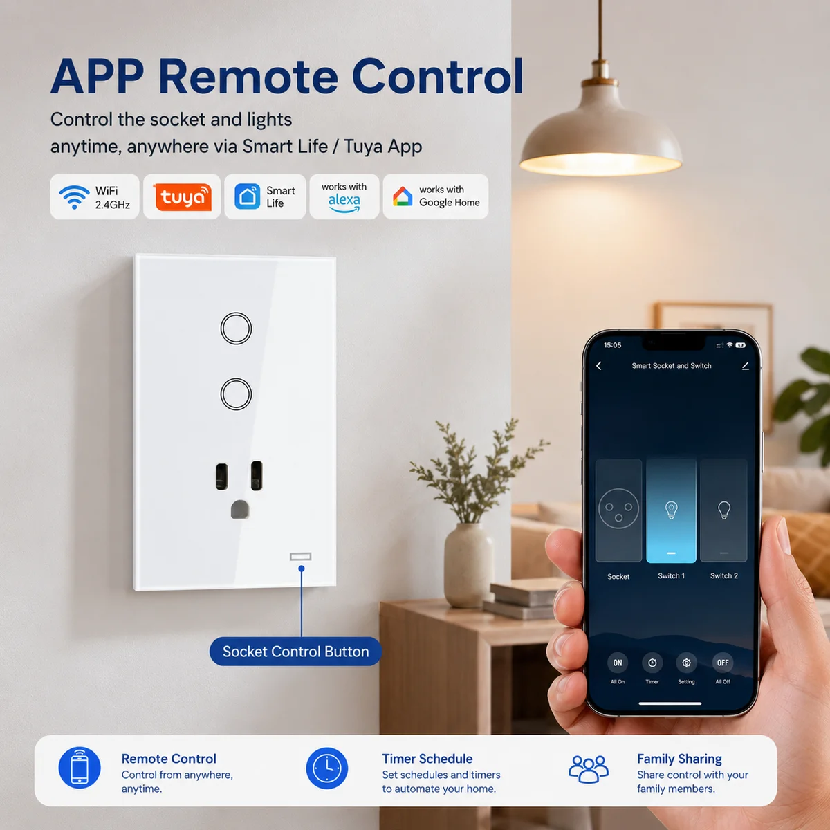 Melery AU Smart Tuya WiFi Light Switch Argentina Plug Australia Outlet Touch Glass Wall Socket Remote by Alexa & Google Home — view 7