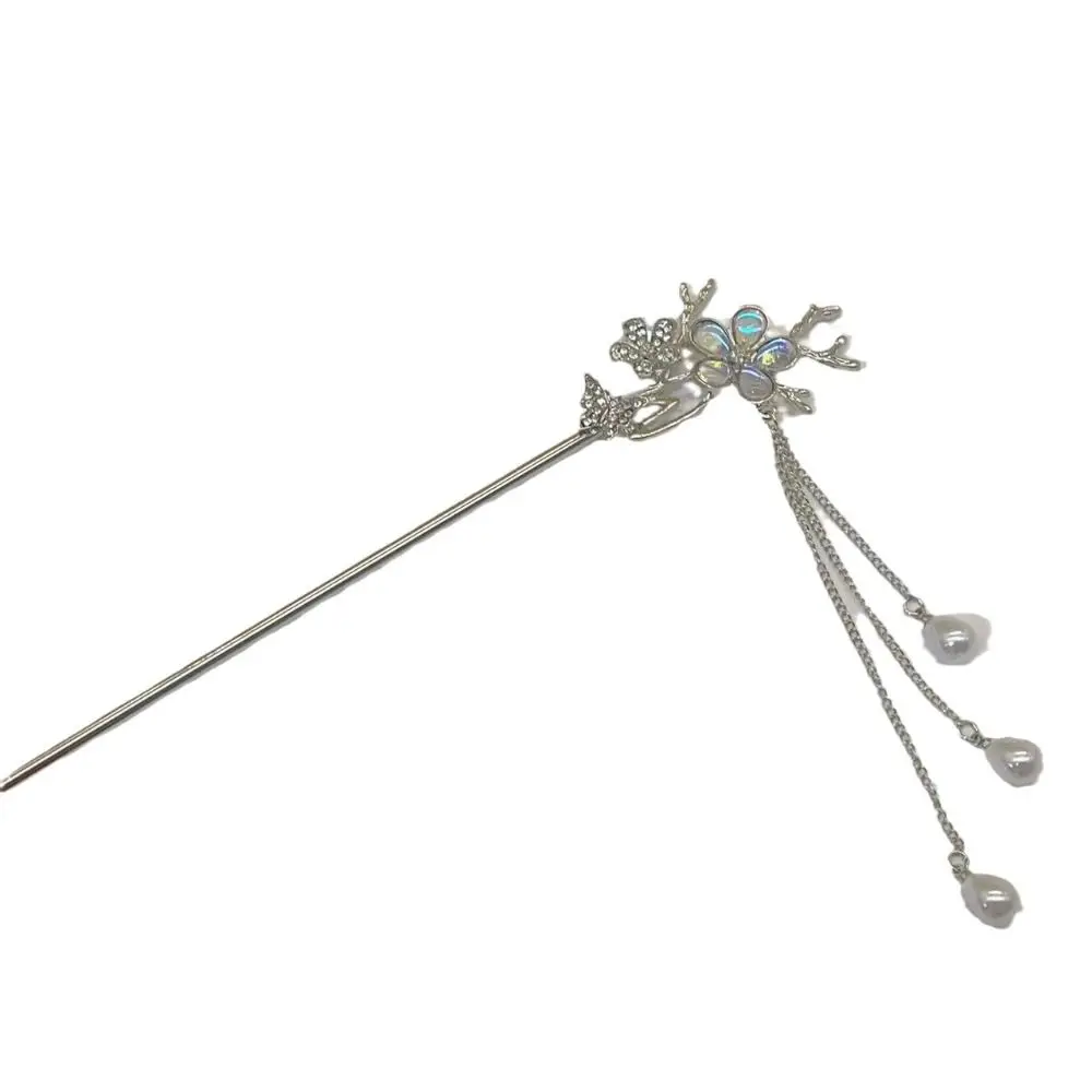 Chinese Style Flower Rhinestone Hair Stick Ancient Style Pearl Tassel Hair Sticks for Long Hanfu Headwear Alloy