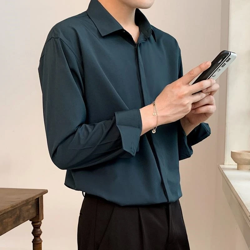 Korean Men Clothing Drape Shirts for Men Solid Color Lapel Long Sleeve Ice Silk Business Casual Buttons Silk Shirt