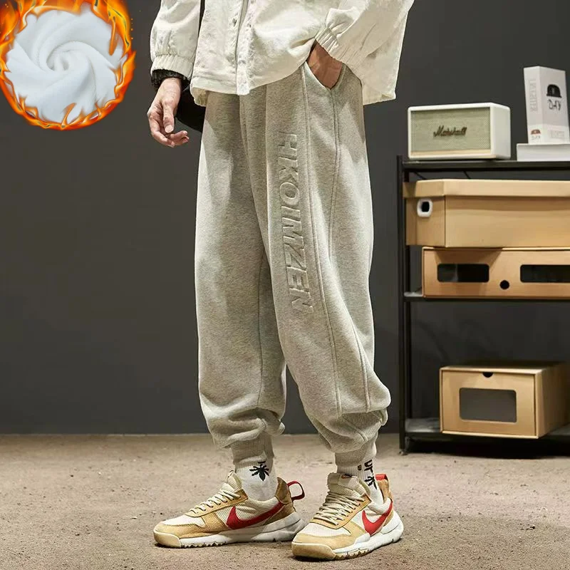 Korean Autumn Winter Fleece Casual Loose Pants Men\'s New Trend Solid Printed Letters Patchwork Pockets Versatile Sports Trousers
