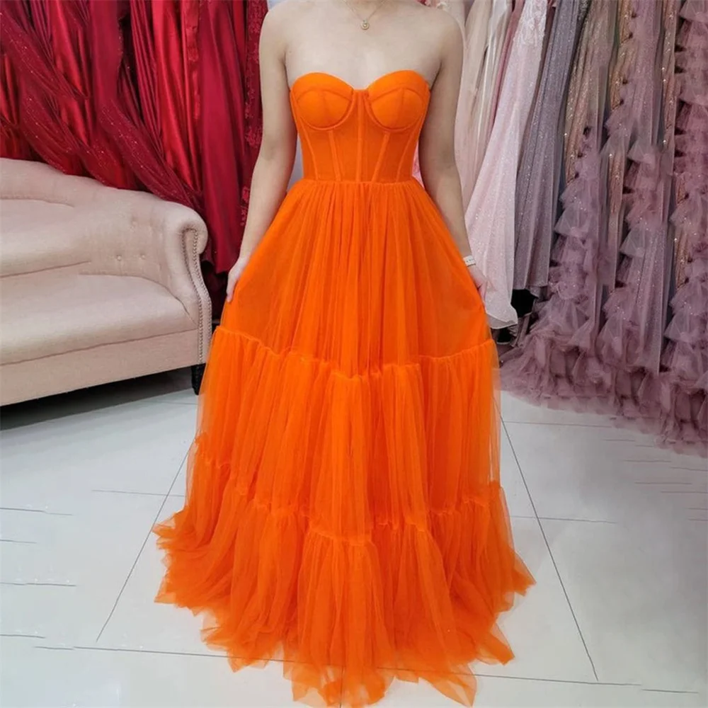 

Lily Sweetheart Sleeveless Charming Prom Dress Gowns Orange Net Formal Gowns Lace Up Back Evening Gowns Custom vestidos de noche