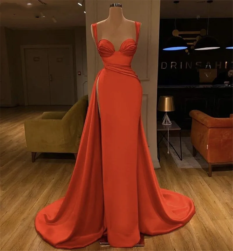 

Orange Prom Dresses Silk Satin Mermaid Sweetheart Floor Length Side Slit Evening Dresses robes de soirée cocktail Party Gowns