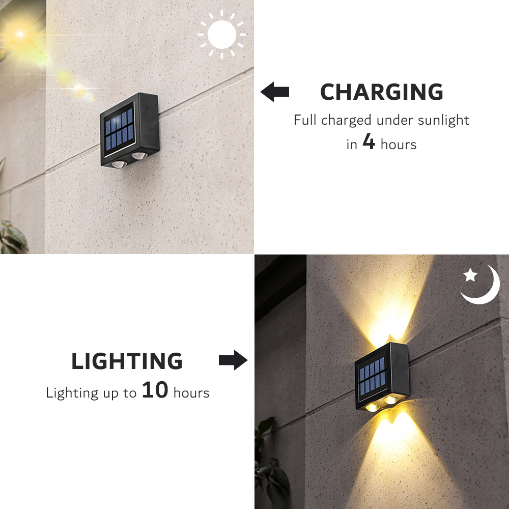 XFLAMPER Warm White 4LED Solar Lights Outdoor for Garden Up and Down IP65 Waterproof Wall Lamps for Home Yard Decoration (2PCS) 2