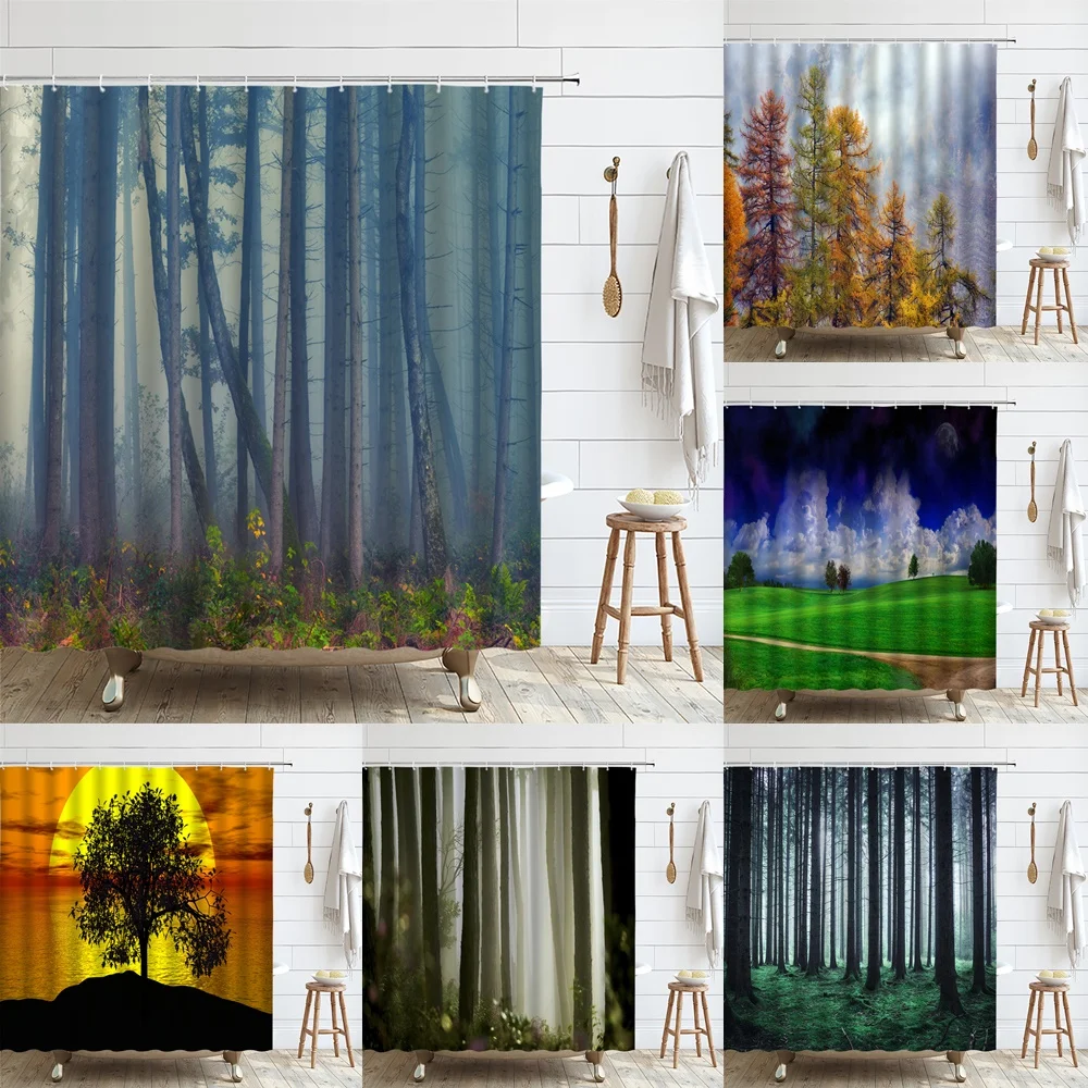 

Nature Forest Shower Curtain Bathroom Set with Hooks Misty Mountain Landscape Fog Tree Bath Curtains Waterproof Polyester Screen