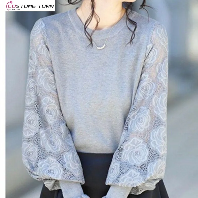 

2024 Spring Korean Edition New Temperament Lace Spliced Lantern Sleeves Round Neck Pullover Women's Sweater Knitwear