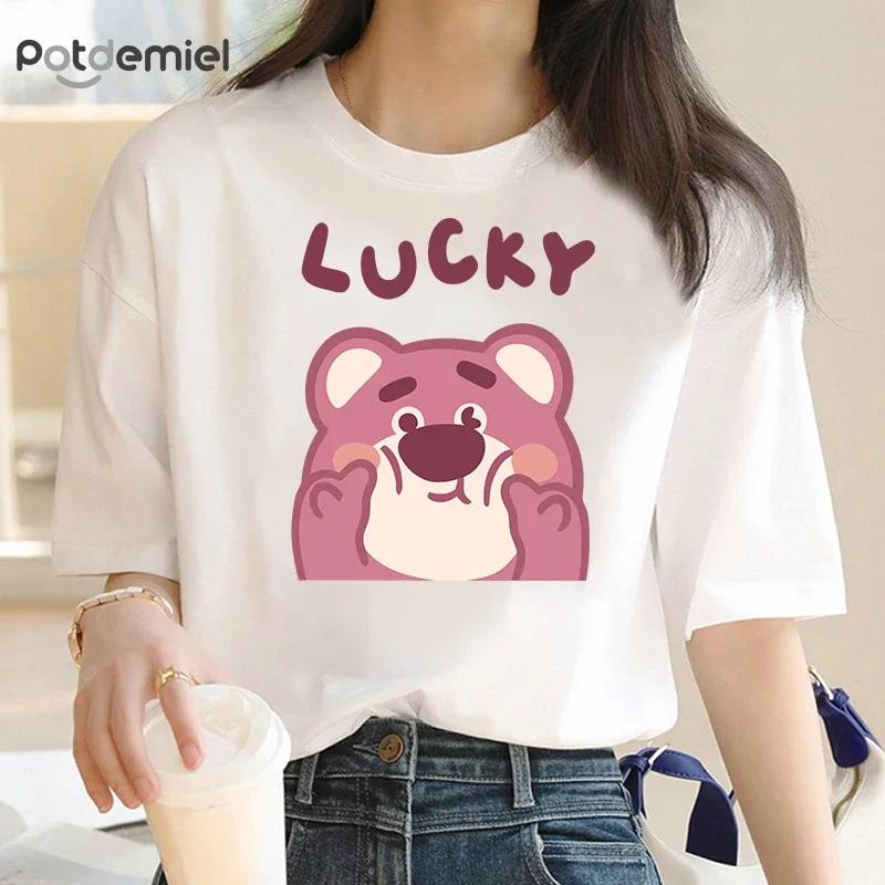 

Kawaii Women Cotton T-shirt Summer Street Style Top Strawberry Bear Print Goth Women T-shirt Unisex Short Sleeve Anime T-shirt