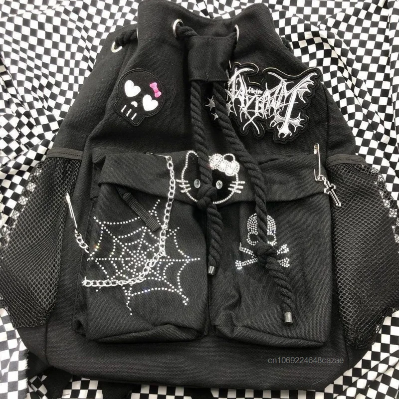 Sanrio Hello Kitty Dark Punk Rock Backpack New Japanese Style Harajuku Design Drawstring Shoulders Bag Y2k Girl Gothic Backpack 2