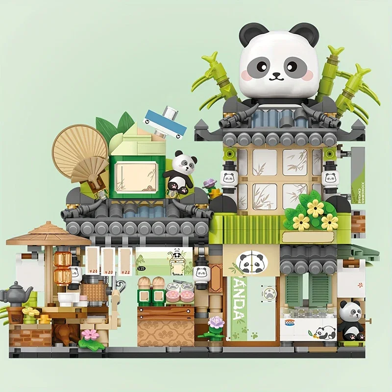 

Cartoon Building Blocks Cute Panda Teahouse Model Ornaments City Street Scene Folding Store Assembled Bricks Toys Gifts