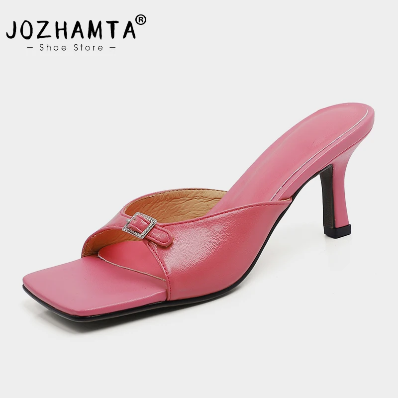 

JOZHAMTA Size 33-41 Mules Sandals Women Luxury Brand Crystal High Heels Shoes For Women Summer 2023 Slippers Real Leather Slides