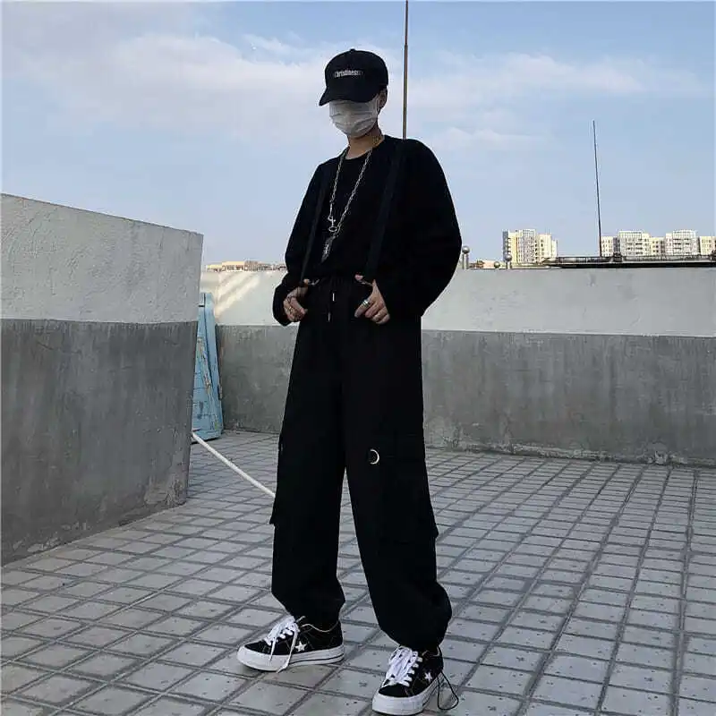 Solid Color Casual Pants Men's Overalls Safari Style Straight Elastic Waist Ankle Length Jogger Pants Cargo Pants