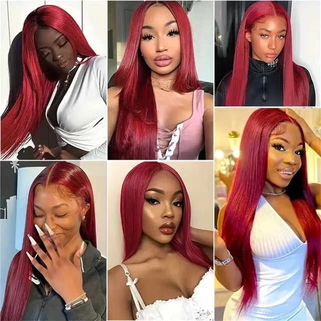 Perruque Lace Front Wig naturelle lisse, cheveux humains, couleur bordeaux 99J, haute densité 200, 13x6, HD, ultraviolette, 13x4, pour femmes