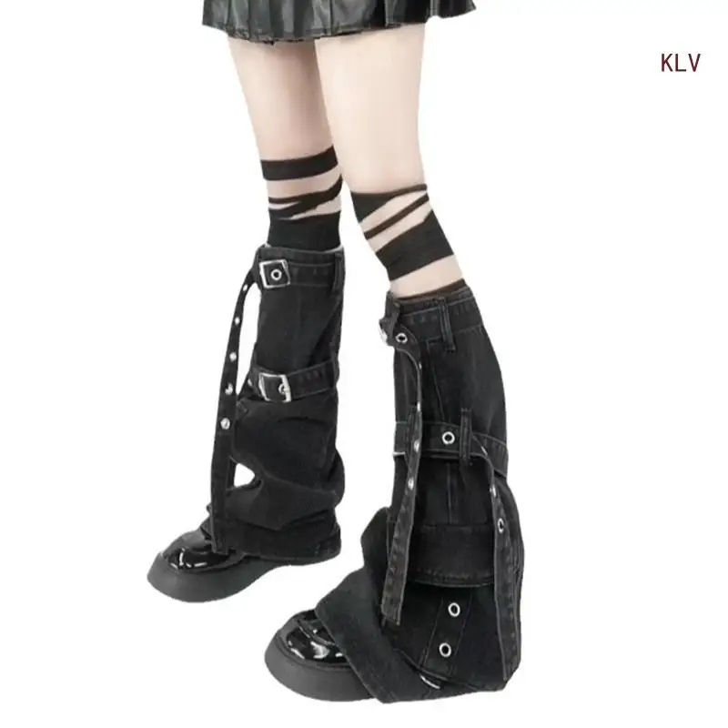 

Punk Cargo Denims Leg Warmer with Metal Buckled and Pockets Harajuku Boot Cover Knee Highs Flared Stockings for Women