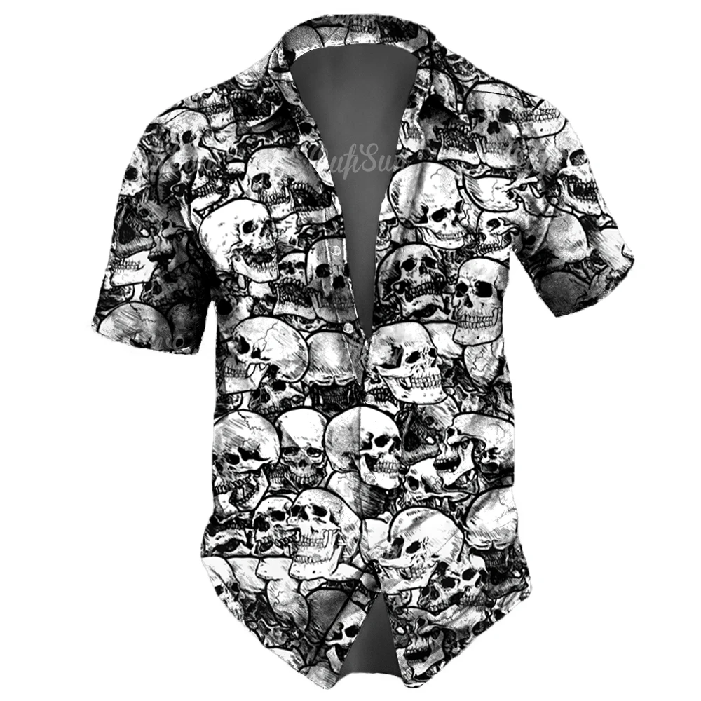 Skull Lapel Men'S Shirts Horror 3d Print Casual Hawaiian Shirts Man Retro Shirt For Man Street Button Short Sleeves Male Clothes 4