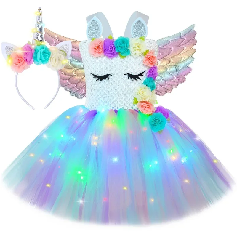 thumbnail image 1 of Vestido de princesa unicornio con tutú para niñas, vestido de tul con flores iluminadas con LED, ropa de fiesta de cumpleaños, disfraz de Halloween para niños, vestido, 1 of 5