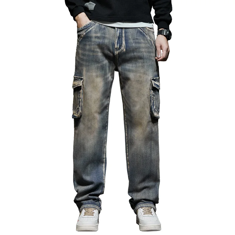 Versatile retro jeans for men, loose and nostalgic multi pocket straight leg denim pants, hip-hop workwear pants 3